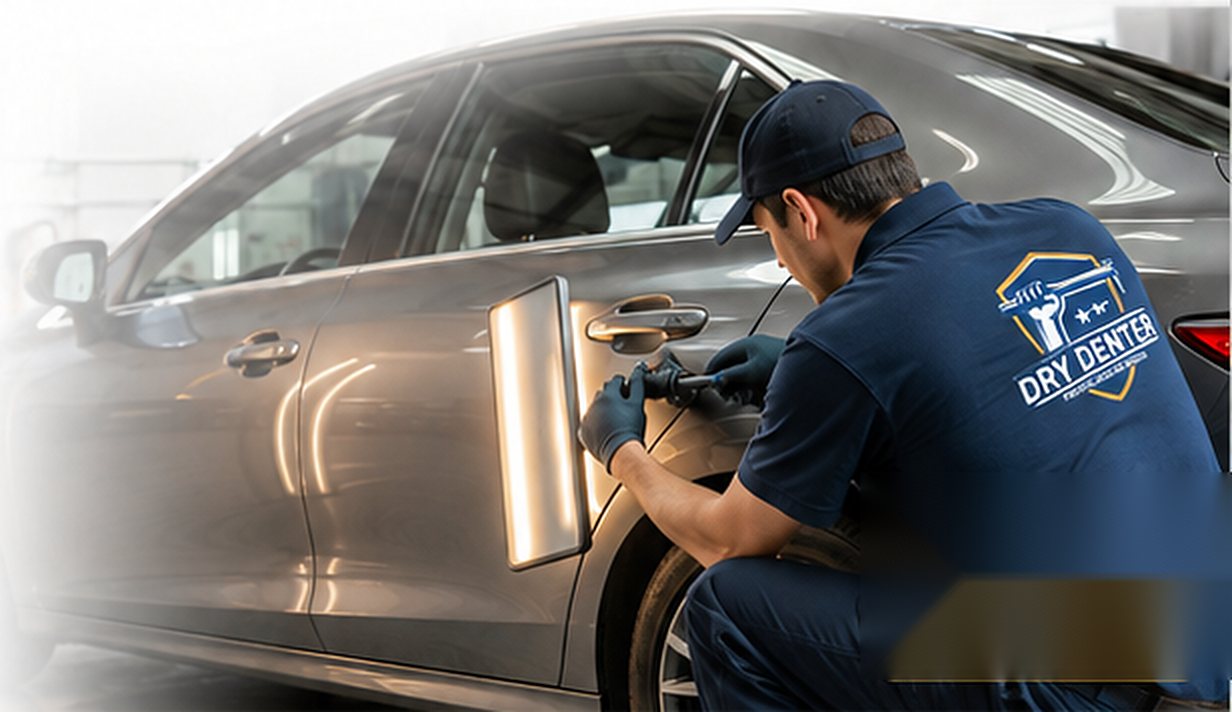 PDR technician using a paintless dent repair tool on a car door panel
