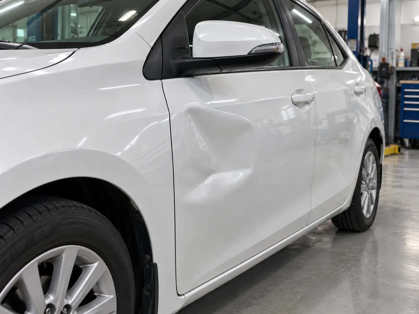 Toyota Corolla front driver-side door dent before paintless dent repair